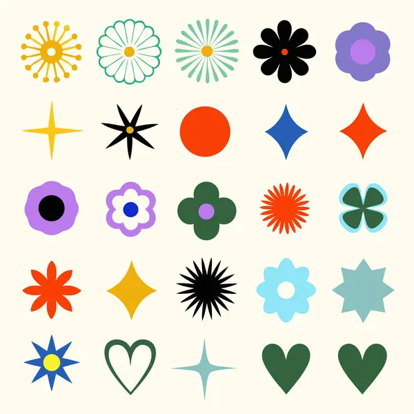 Çeşitli yaratıcı projeler için renkli geometrik çiçek tasarım simgeleri.