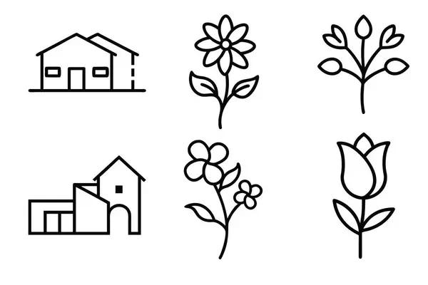 Bahar Tasarımı İçin Ev ve Çiçeklerin Basit Sanat Simgeleri