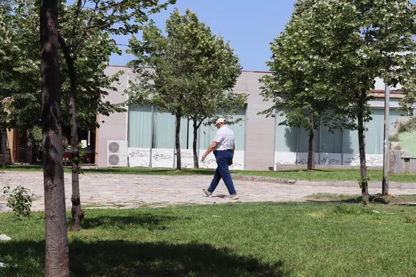 Yeşil bir parkta sırt çantalı bir adam.