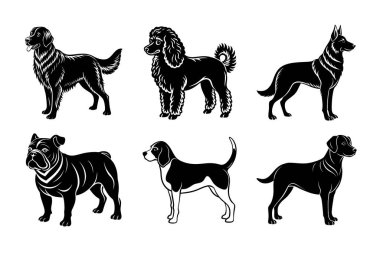 Labrador Retriever, German Shepherd, Golden Retriever, Bulldog, Beagle, Fino köpeği sanat silueti