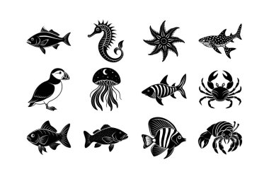 Sea life animal silhouette bundle set clipart