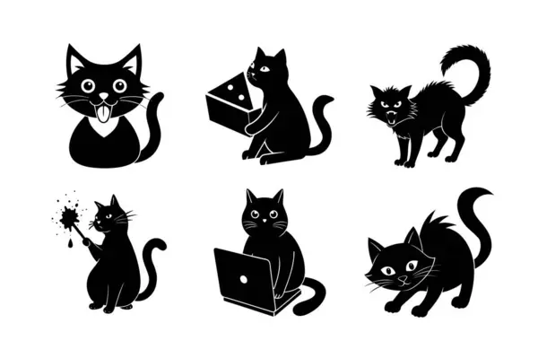 Kedi hayvan vektör siluet simgesi setinin komik duruşu