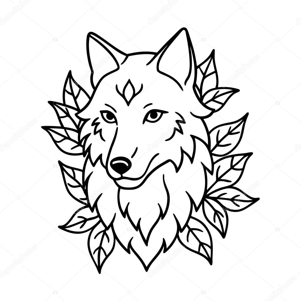 Elegant Floral Wolf Head vector line art