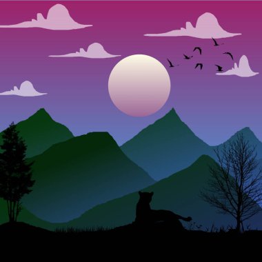 Dağ manzarası, ay ışığı, geyik ve leopar.