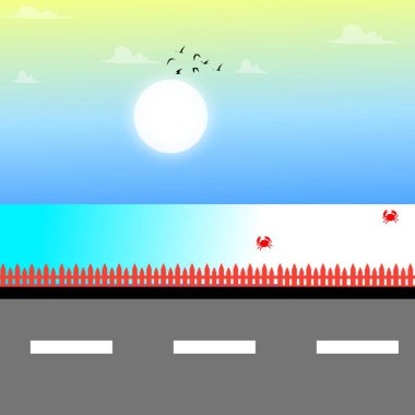 Kumsal, güneş, ay ve ağaçlı dağ