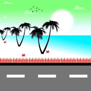 Kumsal, güneş, ay ve ağaçlı dağ