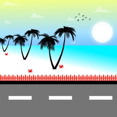 Kumsal, güneş, ay ve ağaçlı dağ