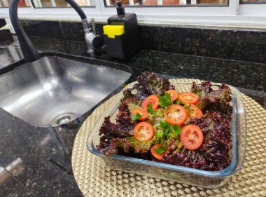 İçinde mor marul yaprakları, domatesler ve maydanozdan yapılmış yıkanmış, sterilize edilmiş ve yemeye hazır bir salata kabı.. 