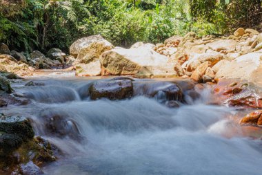 Yavaşça çekilen bir ormanın içinden akan bir nehir pürüzsüz bir nehrin görüntüsünü oluşturur..