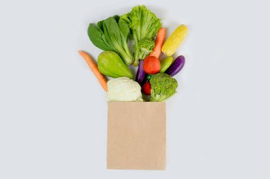 Bir kese kağıdına yerleştirilmiş çeşitli taze sebzelerden oluşan bir koleksiyon, vejetaryenler için izole edilmiş beyaz bir arka plan. Vejetaryen günü konsepti. Market alışverişi kavramı.