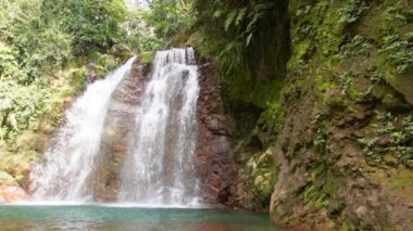Güzel bir şelale görüntüsü yosunlarla kaplı kayaların üzerinde serin bir su havuzuna dökülüyor..