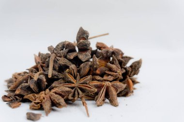 Beyaz arka planda yıldız anasonu ya da Illicium verum izole edilmiş. Bitki ve baharat konsepti. geleneksel bitkiler