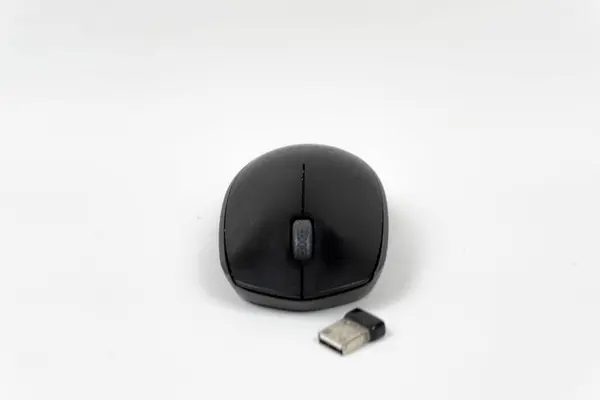 Beyaz arkaplanda USB alıcısı olan siyah bir kablosuz bilgisayar faresi.
