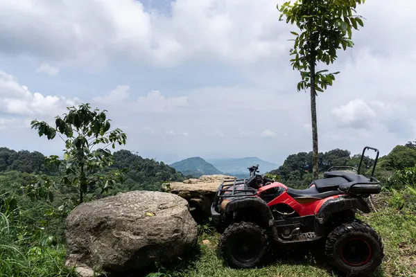 Çimenli bir yamaçta yeşil bir vadiye bakan kırmızı bir ATV duruyor..
