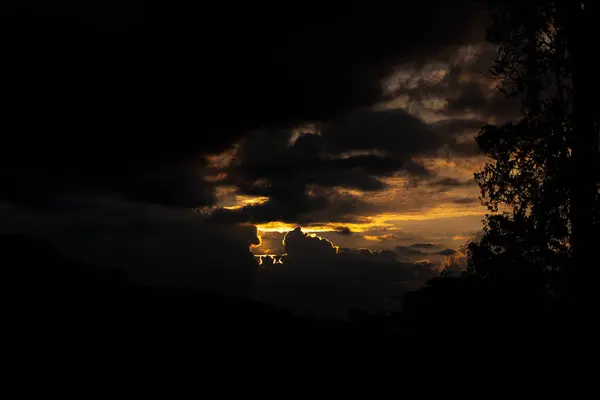 Altın ışık, gün batımında karanlık, dramatik bulutların arasından süzülür, ön plandaki ağaçları gölgeler..