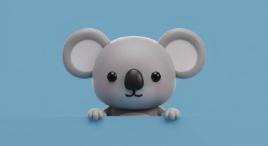 Sevimli 3D, mavi arkaplanı gözetleyen bir koala..