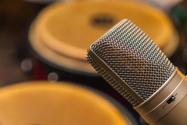 Büyük stüdyo mikrofonu. Stüdyodaki yoğunlaştırıcı mikrofonun yakın çekimi.