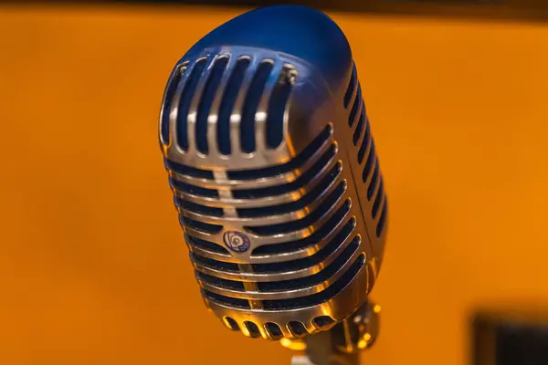 stock image Retro microphone in the studio. Old retro dynamic microphone for singing.