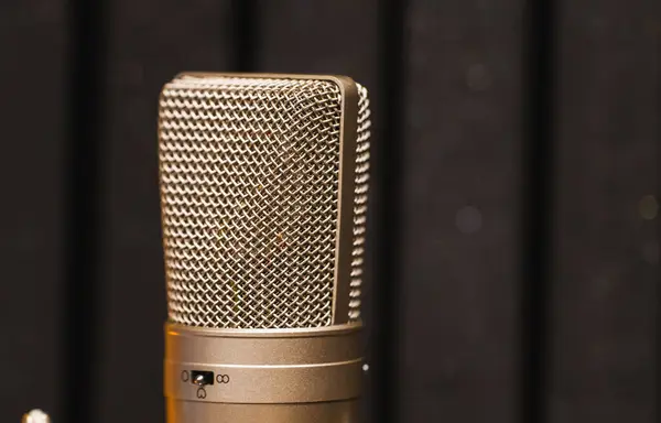 Büyük stüdyo mikrofonu. Stüdyodaki yoğunlaştırıcı mikrofonun yakın çekimi.