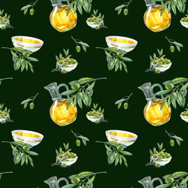 Dallarına yapraklarla suluboya ellerle zeytin çizmişler. Zeytinyağı Teması. Yağlı sürahi ve çamur, İtalyan, İspanyol yeşil zeytin hasadı