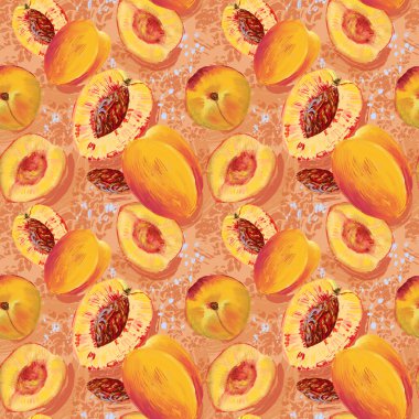 Parlak şeftali renkli şablon. Şeftali kürkünün moda rengi. Şeftali reçeli. Şeftali meyveleri ve tohumlar. Sert stil sanat.