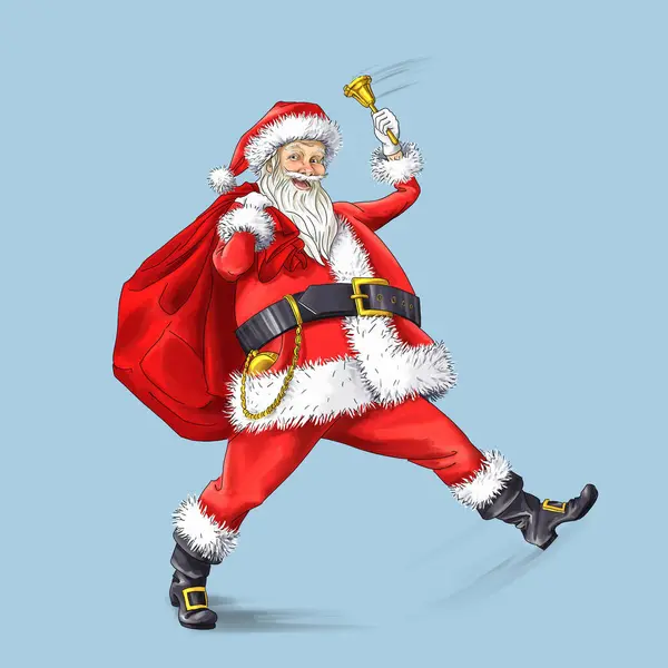 stock image A walking Santa Claus in a traditional red suit. A smiling Santa with a golden bell is walking forward. New Year's Christmas Card