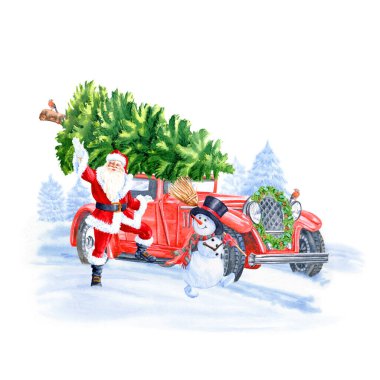 Noel arifesi illüstrasyonu. Hediye kutuları ve Noel ağacı olan suluboya retro araba. Beyaz arka planda izole edilmiş kış tatili nesnesi