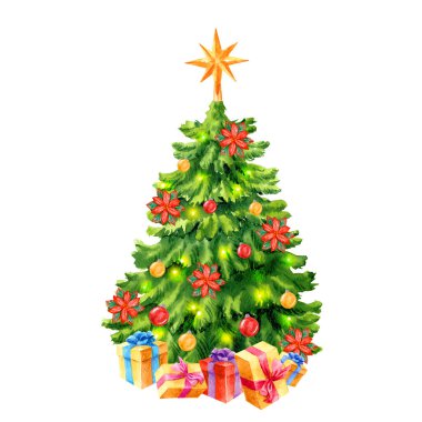 Noel arifesi illüstrasyonu. Hediye kutuları ve süslemeleri olan suluboya Noel Ağacı. İzole edilmiş kış tatili nesnesi. En iyi tasarım için Noel Yıldızı ve Mutlu Noeller kurdelesi