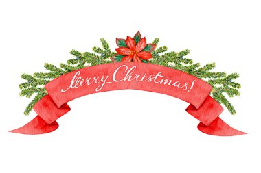 Noel arifesi illüstrasyonu. Hediye kutuları ve süslemeleri olan suluboya Noel Ağacı. İzole edilmiş kış tatili nesnesi. En iyi tasarım için Noel Yıldızı ve Mutlu Noeller kurdelesi