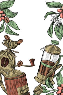 Kahve değirmeni, demlik, fasulye ve kahve yeşil dallı el yapımı klasik kompozisyon.