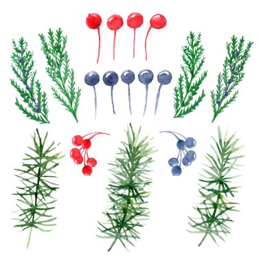 Geleneksel Noel süslemeleri suluboya seti. Davetiyeler, tebrik kartları ve diğer yayınlar için elle çizilmiş Clipart
