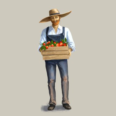 Tahta Sandıklı Çiftçi. Hasat 'lı çiftçi. Çiftçi teslimatı, çiftçi kamyonu. Balkabaklı kırmızı kamyon. Elinde sebze ve ekmek olan dost canlısı bir çiftçi. Çiftlik arazisi.