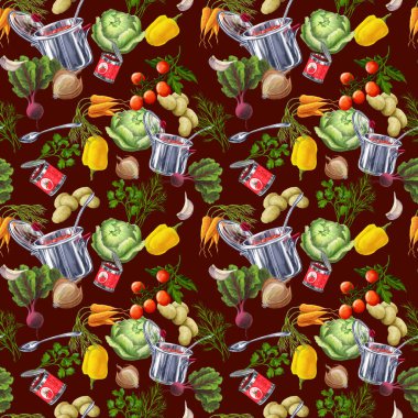 Borç gibi kırmızı çorba ve sebze setiyle gerçekçi bir illüstrasyon. Bir tencere ve bir kepçe. Yemek kaşığı. Tuzluk. Konserve domates ezmesi. Yemek seti. Maydanoz ve Dil.