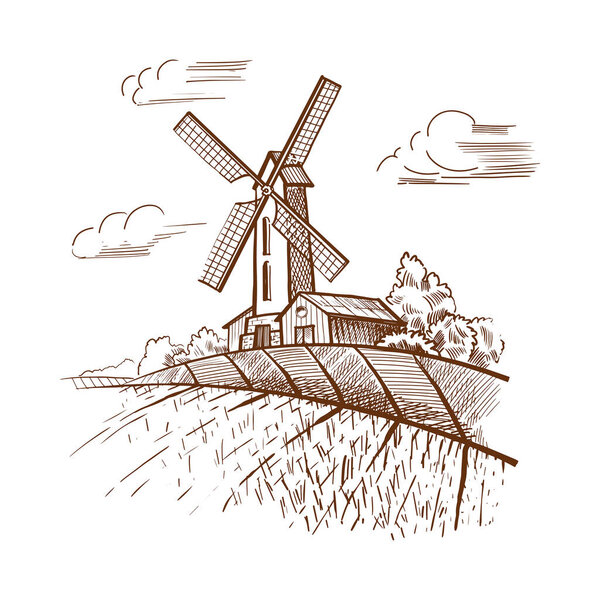 Векторная графика стана. Иллюстрация мельницы и пшеничных полей. Символ переработки зерна. Графический эскиз фермерского пейзажа на белом фоне