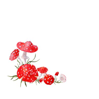 Tasarım kartları ve diğerleri için Fly Agaric mantarlarının el yapımı akvaryum köşesi. Beyaz noktalı kırmızı mantar.