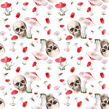 Fly Agarics ve Skulls 'un renksiz fayansları karton arka planda izole edildi