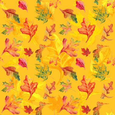 Sonbaharda parlak renklerde akçaağaç ve meşe saçaklarıyla sulu, parlak, pürüzsüz bir desen. Kartpostallar, baskılar ve diğer tasarım için arkaplan.