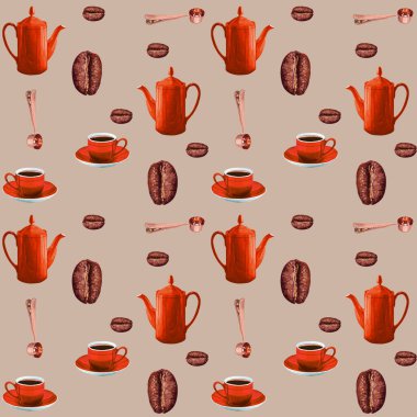 Kusursuz desen. Aquarelle illüstrasyonu kahve fincanı, kahve fincanı, ölçüm kaşığı, kavrulmuş kahve çekirdekleri süt rengi arka planda.