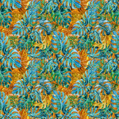 Tropikal canavar yaprakları, orman yaprakları dikişsiz suluboya çiçek desenleri.