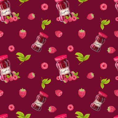 Elle çizilmiş cam kavanoz reçelin suluboya klipsi. Kavanoz dolusu tatlı turizm. El yapımı konserveler. Meyve reçeli ve meyve reçeli. Evi koruma. Ev yapımı hazırlıkların çizimi. Kusursuz desen