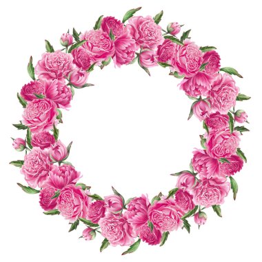 Dijital boyalı şakayıklar. Yapraklı pembe renkli çiçekler. Blooming Circle vignette. Elle çizilmiş pembe bahçe çiçekleri