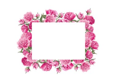 Dijital boyalı şakayıklar. Yapraklı pembe renkli çiçekler. Çiçek açan buket. Elle çizilmiş pembe bahçe çiçekleri