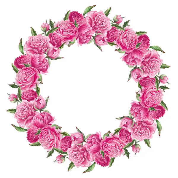 Dijital boyalı şakayıklar. Yapraklı pembe renkli çiçekler. Blooming Circle vignette. Elle çizilmiş pembe bahçe çiçekleri