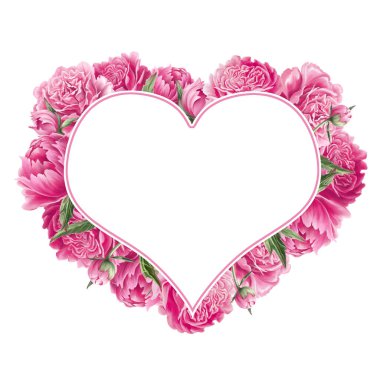 Dijital boyalı şakayıklar. Yapraklı pembe renkli çiçekler. Açan Kalp şeklinde bir buket. Elle çizilmiş pembe bahçe çiçekleri