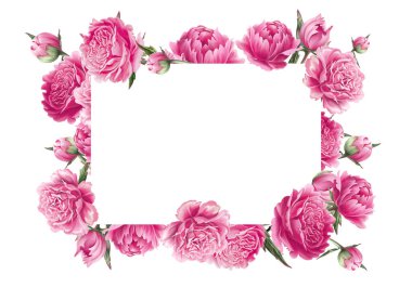 Dijital boyalı şakayıklar. Yapraklı pembe renkli çiçekler. Çiçek açan buket. Elle çizilmiş pembe bahçe çiçekleri