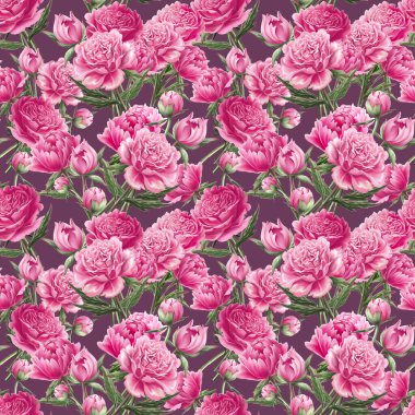 Dijital boyalı şakayıklar. Yapraklı pembe renkli çiçekler. Çiçek açan buket. Elle çizilmiş pembe bahçe çiçekleri