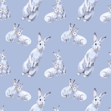 Kış tavşanlı şirin bir illüstrasyon, parlak renklerde beyaz bir tavşanın gerçekçi çizimi, yemeğinin çelengiyle birlikte tavşan.