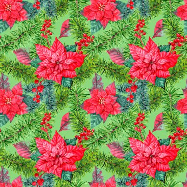 Hediye paketi için kırmızı-yeşil renkli geleneksel Noel sembolleri olarak geleneksel Tatil dekorasyonları ile kusursuz desen.