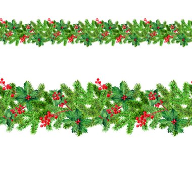 Dal fitili. Noel için suluboya kusursuz kenar. Çam, ilex, viburum berry. Kartpostal, ambalaj, web siteleri, çıkartmalar vs. tasarımı için.