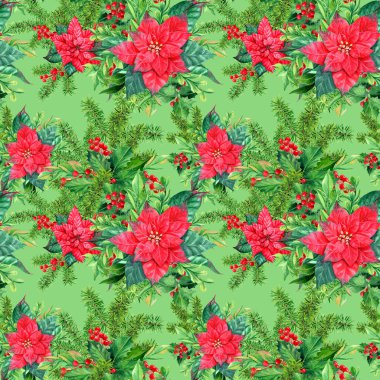 Hediye paketi ve benzeri şeyler için kırmızı-yeşil renkte Noel sembolleri olarak geleneksel Tatil süslemeleri olan gereksiz fayanslar. Paket veya tekstil için elle çizilmiş suluboya arka plan. Noel yıldızı ve köknar dalları pürüzsüz desen.